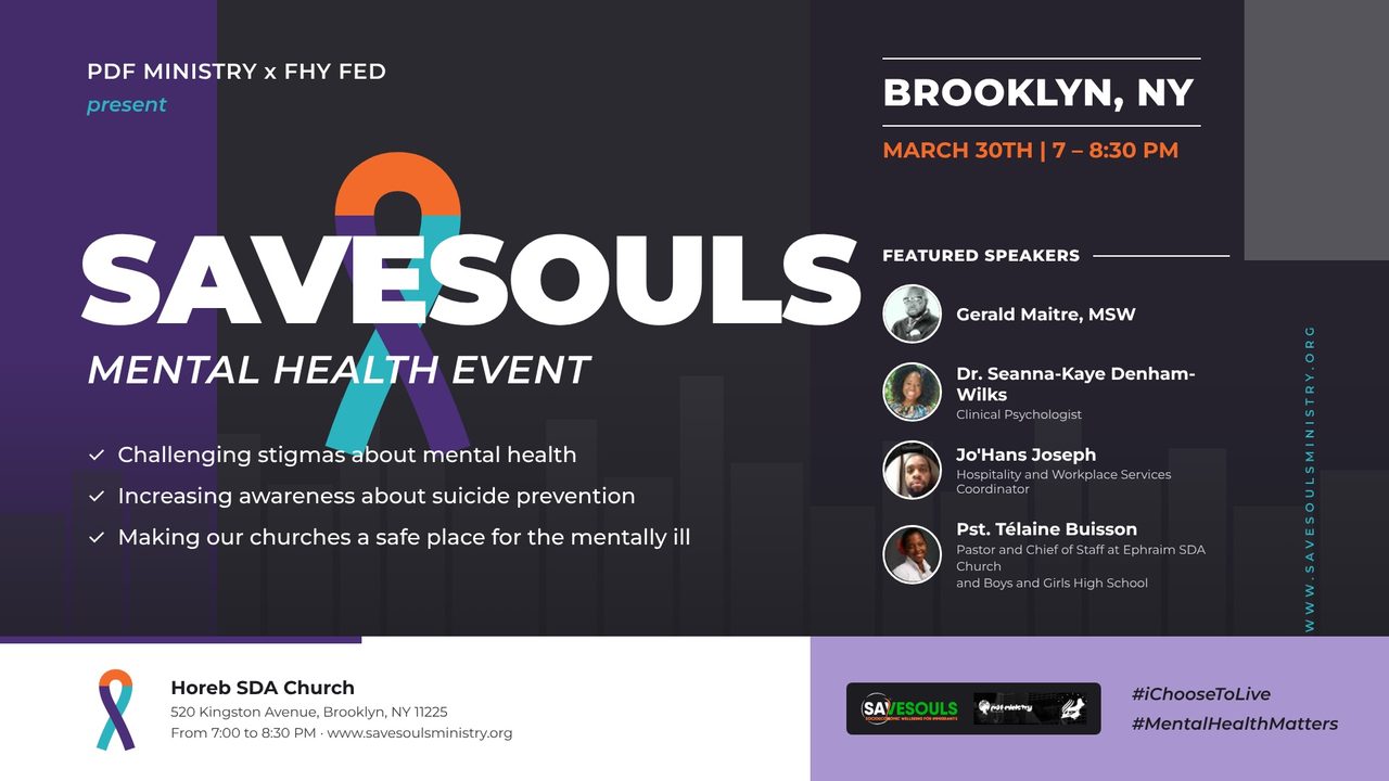 Flyer for the SaveSouls mental health event at Horeb SDA Church in Brooklyn on March 30.