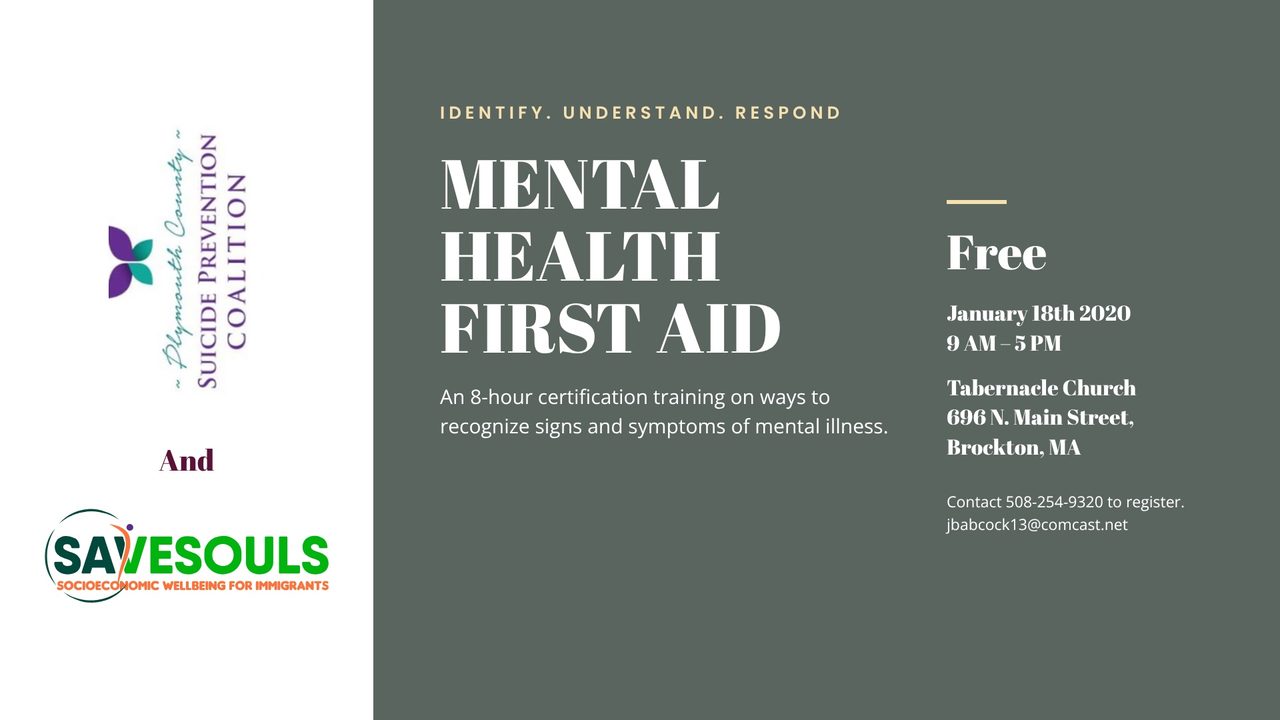Flyer for Mental Health First Aid at Tabernacle Church in Brockton on January 18, 2020.